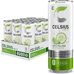 CELSIUS Sweetened with Stevia Sparkling Cucumber Lime Fitness Drink, Zero Sugar, 12oz. Slim Can, 12 Pack